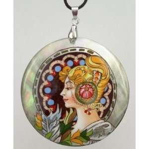 Mother of Pearl Russian Hand Painted Pendant (#0756) Art Nouveau style