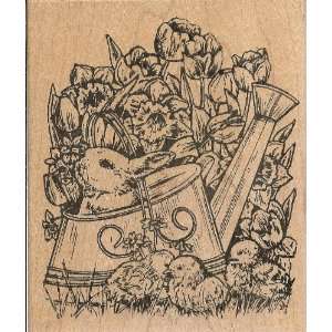 Easter Bunny and Chicks with Watering Can Wood Mounted Rubber Stamp 