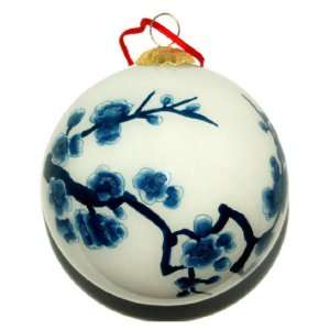  Hand Painted Glass Ornament, Blue and White Cherry 