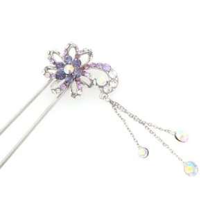  Rhinestone 2 Prong Floral Hair Stick Fork with Tassels Purple Beauty