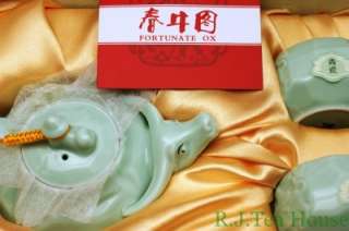 Yue kiln Ancient Fortunate Ox Celadon Tea Pot 3pcs.Set  