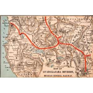  1893 Lithograph Map Mexico Central Railway Railroad Train Jalisco 