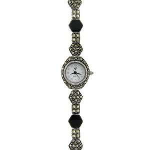   Marcasite Genuine Black Onyx Pentagon Square Design Watch: Jewelry