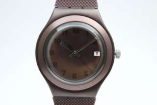 New Swatch Irony Big Aluminum Brown Effect Rubber Band Watch Date 38mm 