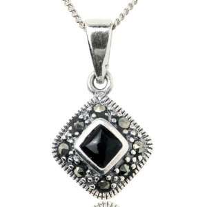  Silver and Square Cut Black Onyx and Marcasite Square Pendant: Jewelry