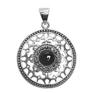   Silver & Black Onyx Oriental Design Round Marcasite Pendant Jewelry