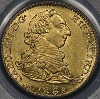 1788 M M PCGS AU58 SPAIN GOLD 2 ESCUDOS LUSTROUS  