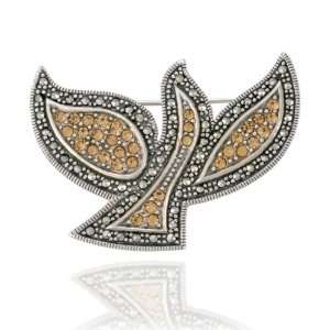  Sterling Silver Marcasite and Champagne Crystal Dove Pin Jewelry