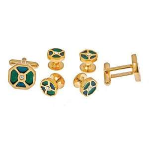 Gold plated cufflinks and shirt stud set with irregular shaped green 
