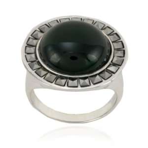  Sterling Silver Square Cut Marcasite and Round Onyx Ring 
