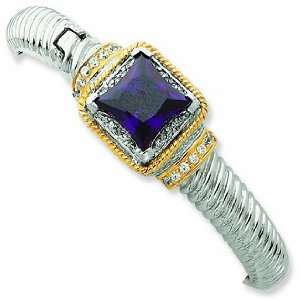  Sterling Silver & Gold Plated Purple Cz Hinged Cuff Bangle 