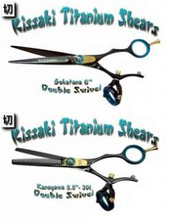Kissaki 6 & 30t Black Blue Titanium Double Swivel Hair Shears 