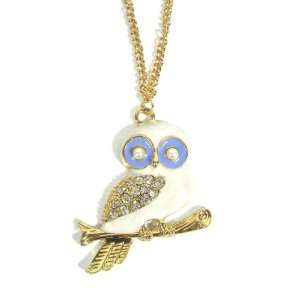 Perched White Owl Necklace Vintage Crystal Charm Retro Bird Pendant 
