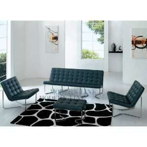  Modern Black Leather Sofa, Two Chairs and Ottoman