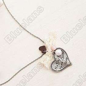  Love Hearts Pearl Lace Bow Charming Pendant Necklace Chain 5123  