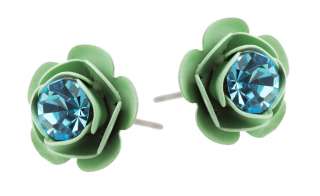 Michal Negrin Green Roses Stud Earrings made with Blue Crystals  