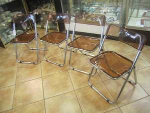   Italian Chrome Foldable Card Game Chairs, Caramel Colored Lucite Look