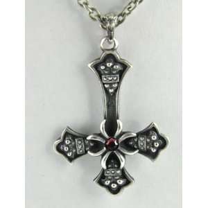   Cross w/ RED Stone Necklace Black Metal Occult Satan Evil Death Heavy