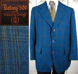 RARE Vtg 60s BOTANY 500 DOROFF Blue PLAID Wool Silk BESPOKE Sportcoat 