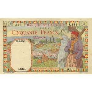  Algerian Collectible Bank Note 50 Francs P84 Issued 1942 