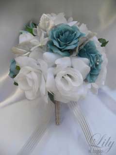   Bouquet Flower Bride Bridesmaid Maid Honor Groom AQUA WHITE  