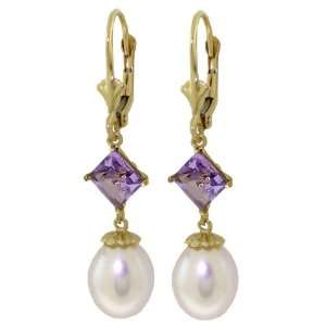   14k Gold Leverback Earrings with Genuine Pearls & Amethysts: Jewelry