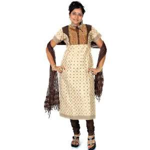  Beige and Black Anarkali Suit with Brocade Weave   Pure 