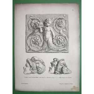   Ornaments Temple of Bacchus Rome Masks   Antique Print Wood Engraving