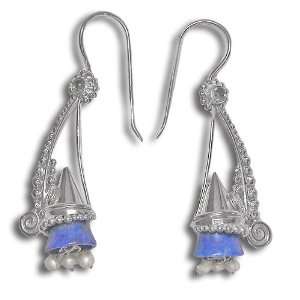   Lapis Bells, Apatite and White Pearl Dangle Earrings By Sajen Jewelry