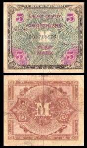 Germany WW II Allied Military Currency 5 Mark XF 008718676  