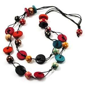  2 Strand Wood Bead Cotton Cord Necklace (Multicoloured 