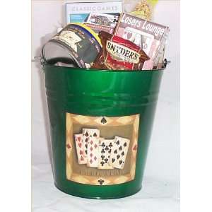  Poker Gift Basket Deluxe Tin Bucket Card Shuffler Nuts 