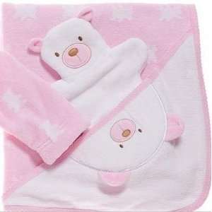 Absorba Baby Pink Hooded Teddy Bear Bath Towel & Mitt 2pc 