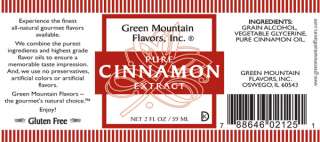 Label for 2oz Pure Cinnamon Extract by Green Mountain Flavors