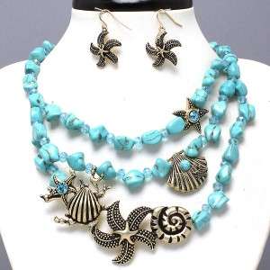 Chunky Layered Stones Beads Sea Life Charms Statement Necklace and 