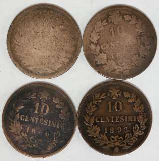 1866 1893 Italy 10 Centesimi Copper Umberto I 4 PCS  