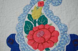 40s Vintage Floral Paisley Applique Hand Stitched Antique Quilt ~NICE 