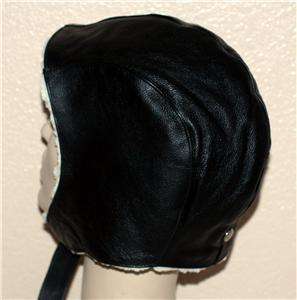 AVIATOR PILOT BIKER Black Leather CAP HAT with Polyester FUR LINING 