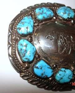 FABULOUS VINTAGE STERLING SILVER & TURQUOISE BELT BUCKLE GRIZZLY BEAR 