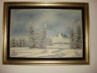 Vintage Large Oil Painting Barrister Snow Mountain Tree  