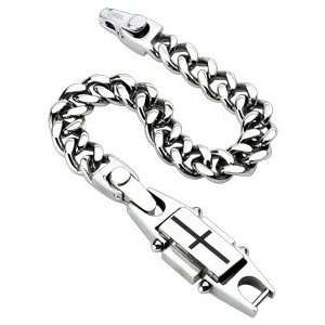  Mens Cross on End Plate Curb Chain Bracelet: Jewelry