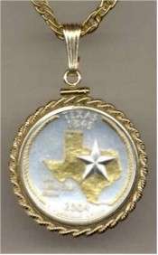 Gold on Silver Rope Bezel Texas State Quarter Necklace  