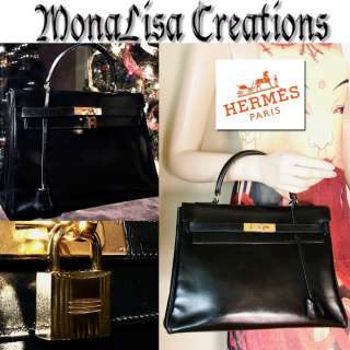 HERMES PARIS Kelly Bag Handbag 32 AUTHENTIC Black Box Leather vtg 