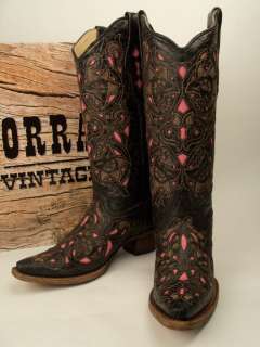 Corral Boots Black Cognac/ Pink Goat Laser Overlay SZ 6   11  