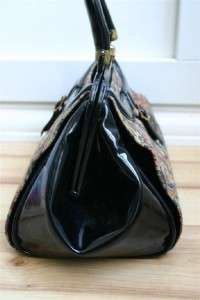 VTG 60s tapestry carpet bag patent leather MOD black handbag purse 