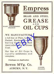 1912 BOWEN EMPRESS BRASS GREASE & OIL CUPS AD AUBURN NY  