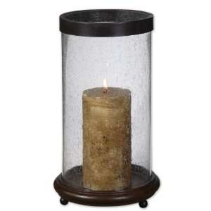   Layla Candleholder Hickory Finished Wood Base w/ Clear Bubbled Glass