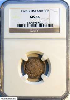 FINLAND 1865 SILVER 50 PENNIA, NGC MS 66, FINEST GRADED  