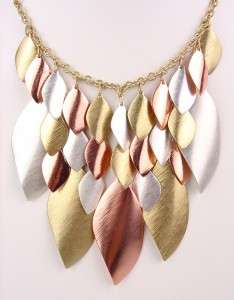 Draping Brushed Gold Silver Copper Metal Leaves Bib Style Necklace Set 
