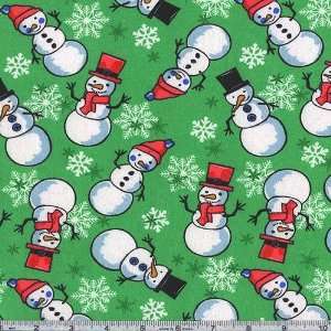  45 Wide Flannel Snowmen Green Fabric By The Yard: Arts 